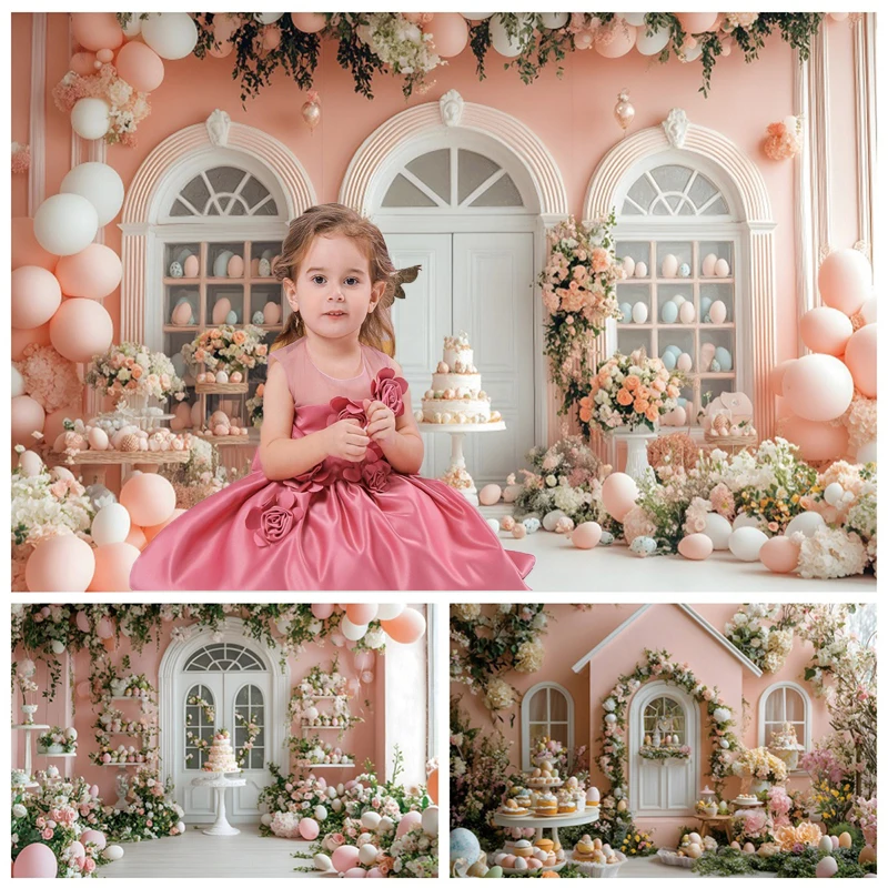 Pink Theme Birthday Photo Backdrops Baby Shower Balloons Arch Flower Children Celebration Home Party Backgrounds For Photographs
