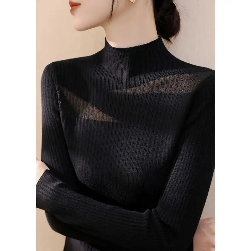 

New Knitted Sweater Women Semicollar Slim Fit Turtleneck Tops Black Long Sleeve for Ladies Casual Wear Autumn Winter Fashion
