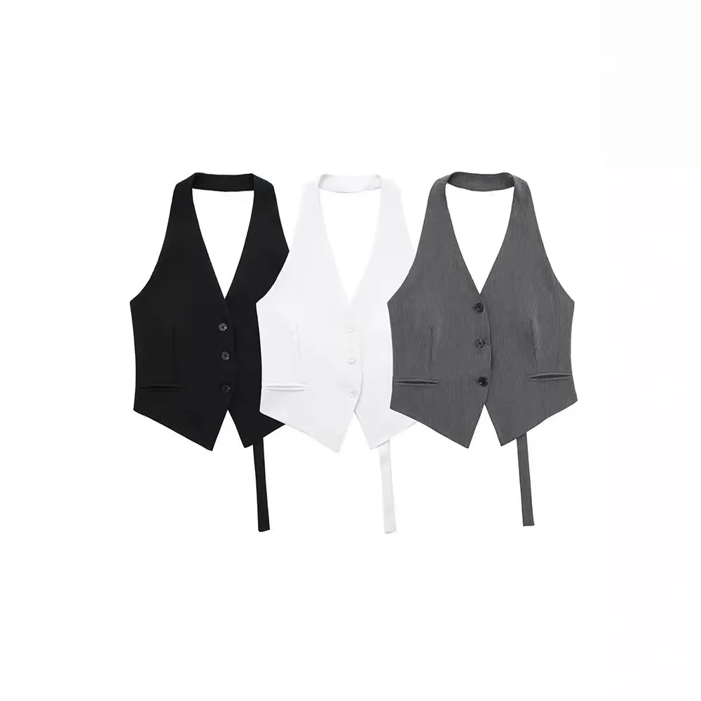 

Women Fashion Backless Halter Neck Waistcoat Sexy Sleeveless Button-up Female Outerwear Chic Vest Tops