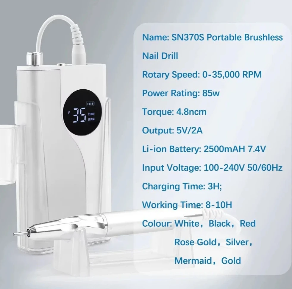 

NEW 2 Colors in 1 Brushless Rechargeable Portable 35000 Rpm Electric E File Nail Drill Machine