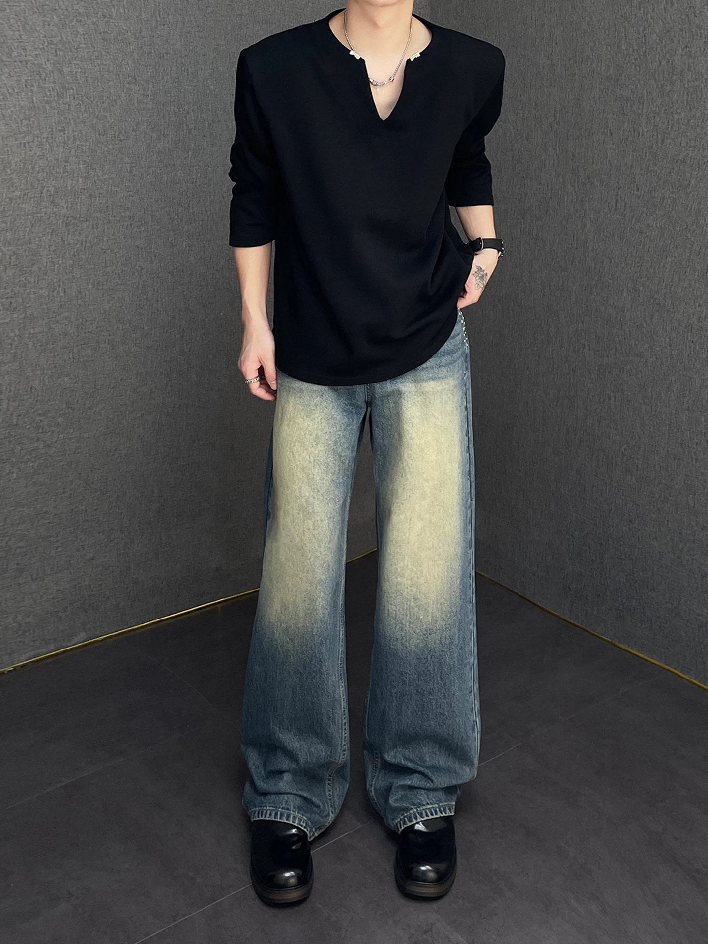 

Retro American Sle Men's Loose Fit Straight Leg Jeans Distred Waed Denim Floor-Length Trousers Casual Long Pants