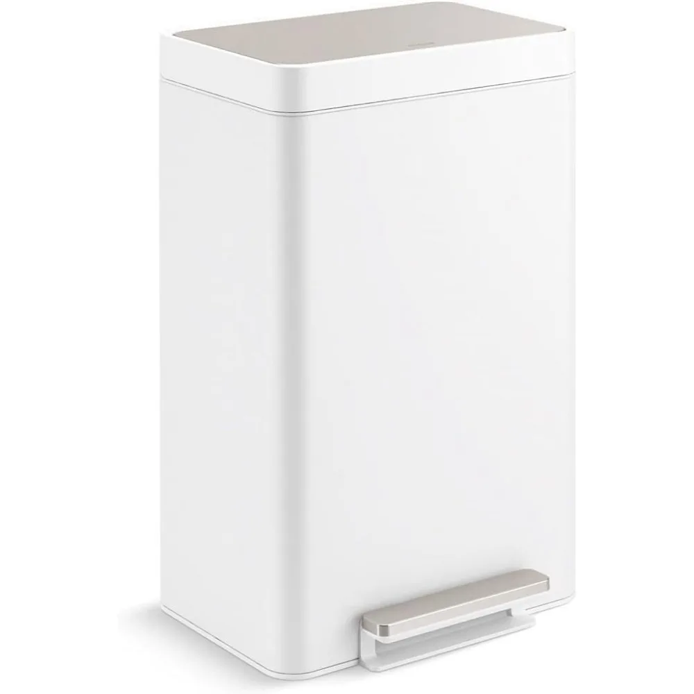 11 Gallon Dual Compartment Trash Can, Quiet-Close Lid, Trash Can with Soft-Close and Foot Pedal, Stainless and White