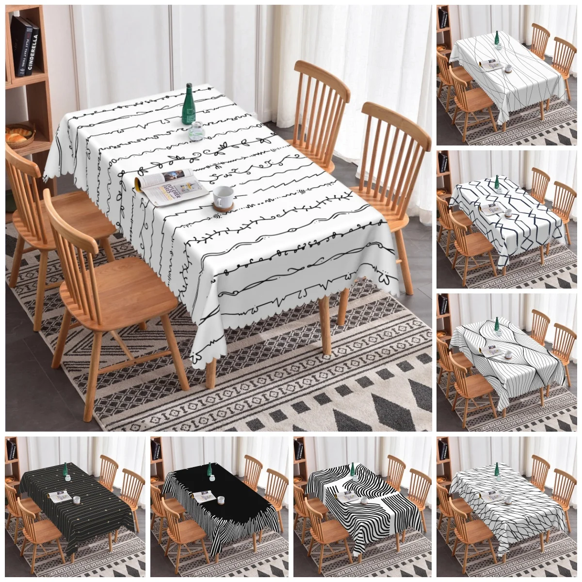 Minimalist White Black Tablecloth Geometric Pattern Printed Waterproof Table Cover for Dining Room Kitchen Room Home Decoration