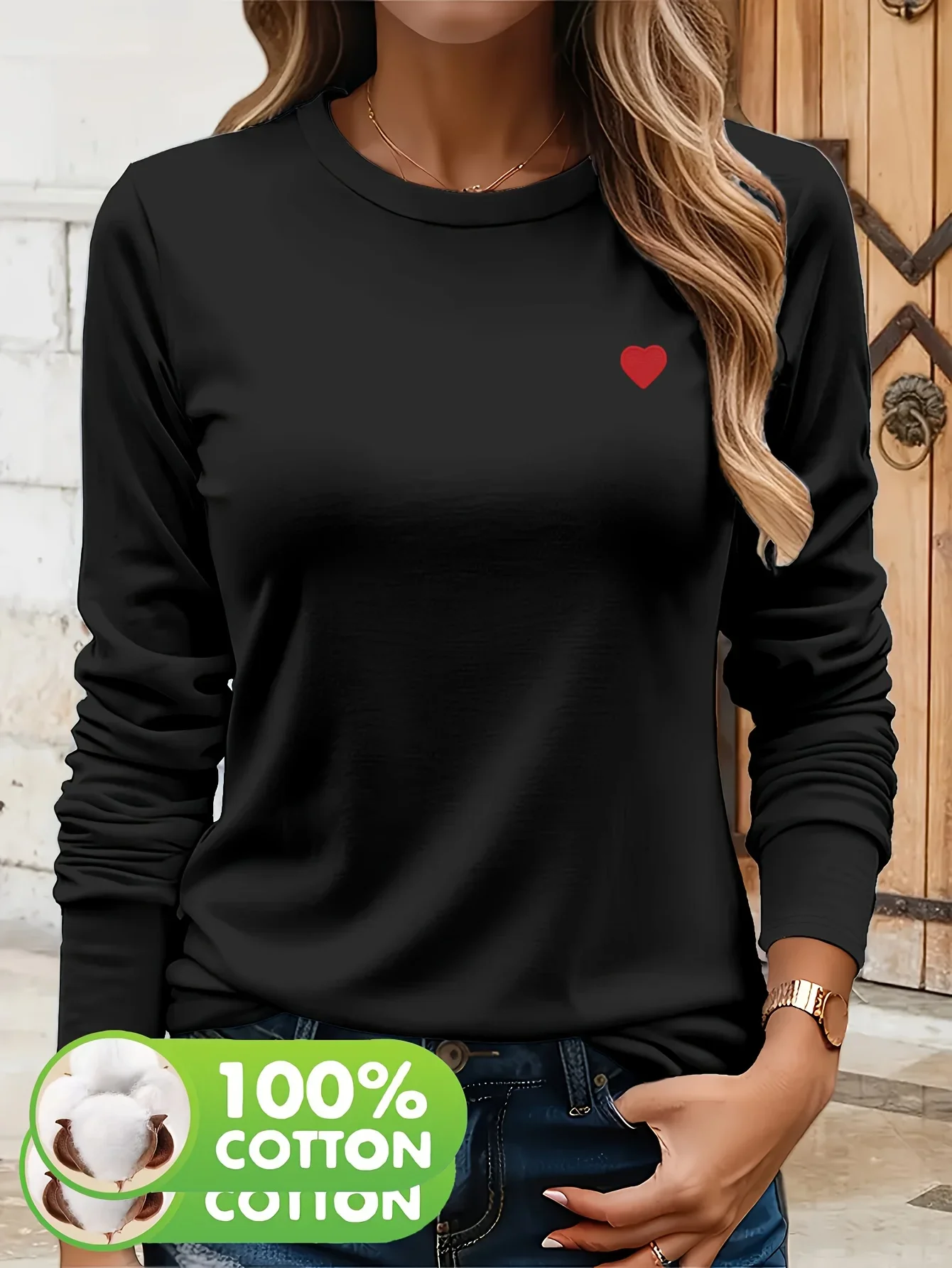 100% Baumwolle Langarm-T-Shirt Modisches Herz-Langarm-T-Shirt Neuer Herbst- und Winterstil Damen Casual Top Tee – Detail 2