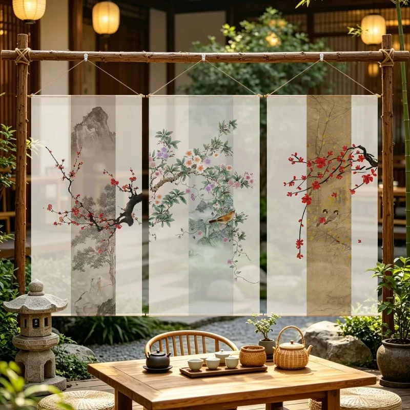 Japanese Zen Garden Hanging Room Divider – Semi Transparent Sheer Gauze Curtain for Tea Room, Tatami & Meditation Space