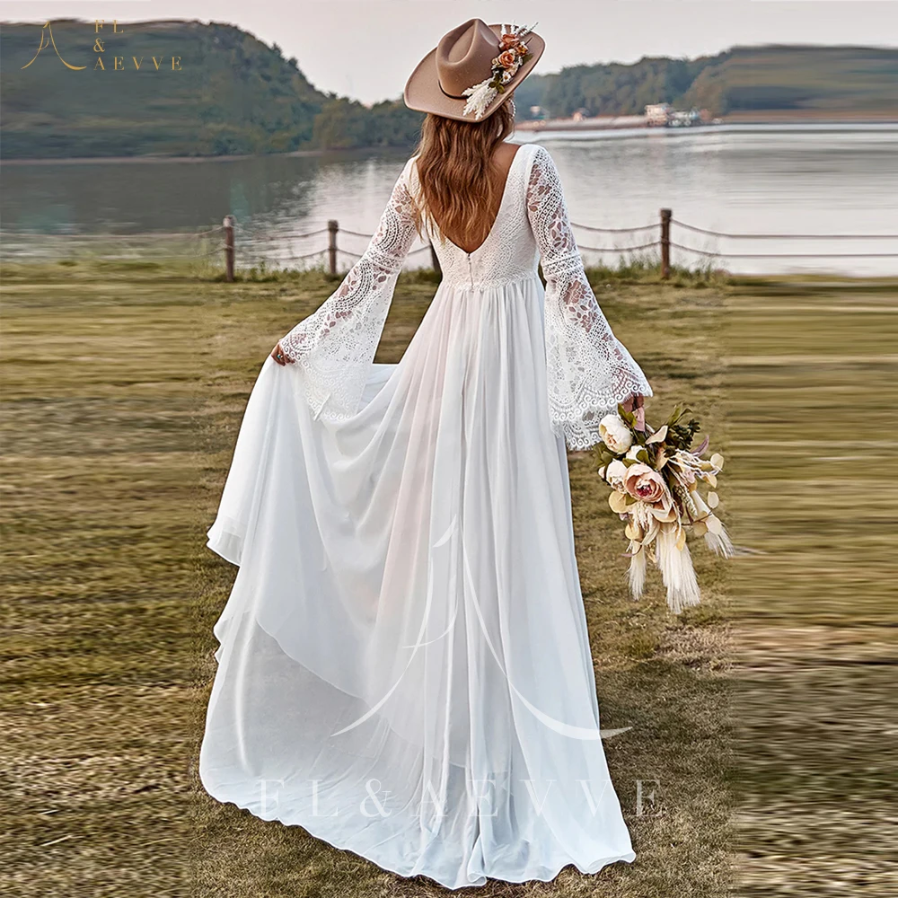 Ivory Long Sleeves Lace Bridal Gown Romantic Boho Jersey Wedding Dress  Exquisite Casual Bridal Dress Vestido De Noiva