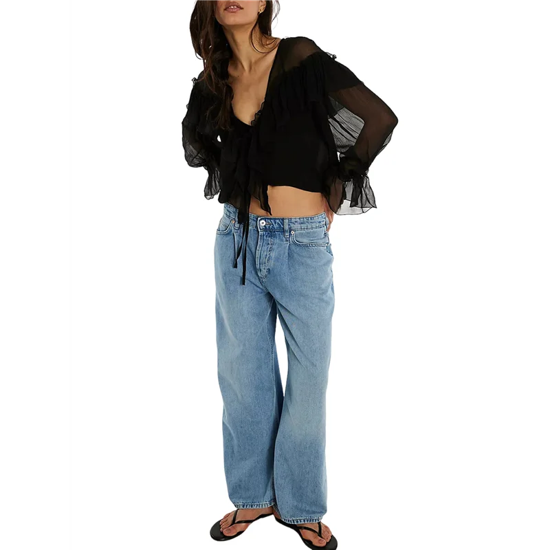 ASDS-Top fluido con lazo frontal para mujer, camisa de gasa con ribete de encaje peplum de manga larga, blusa de playa bohemia con volantes y cuello en V transparente