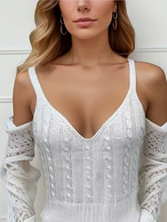 Cable Knit Ribbed Knitted Vest, Sexy Solid V Neck Backless Spaghetti Strap Sweater Vest For Spring & Summer, Women's Clothing