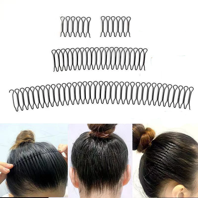 10PCS 29cm 55teeth Black Elastic Metal Hair Combs Clips for Clear Hair Adjustable Hiding FlexibleTeethed Steel Hairbands