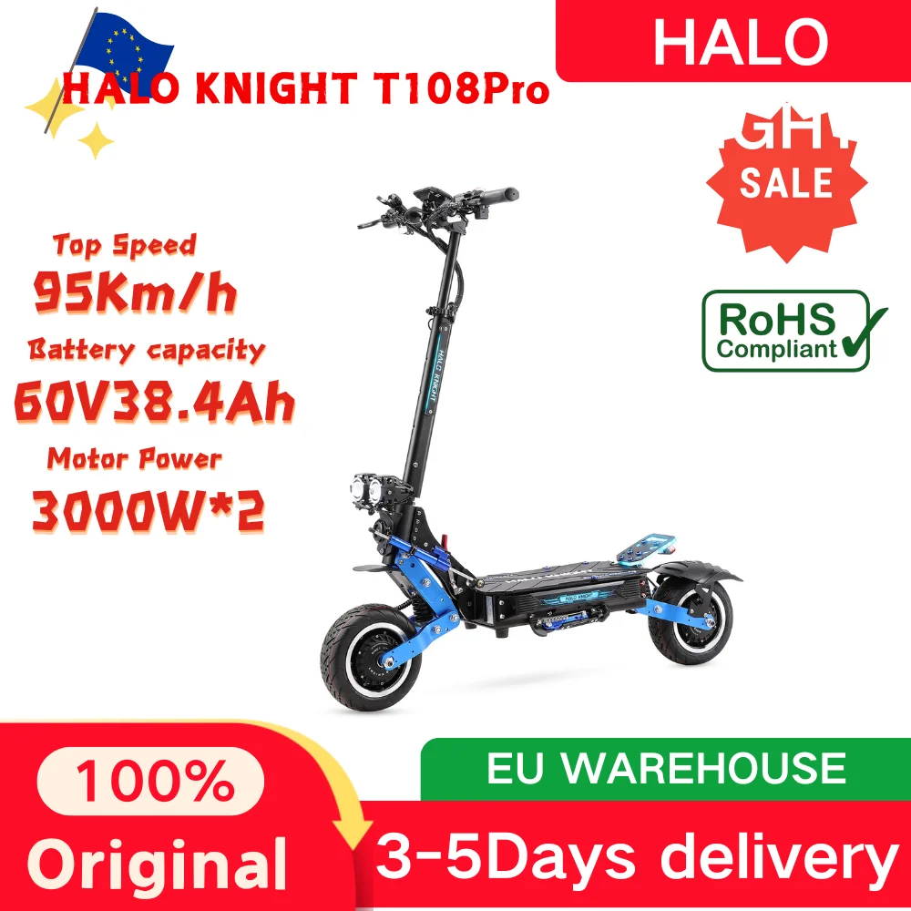 Image of Elektroroller 60V 38,4Ah Akku 95 KM/H Geschwindigkeit Erwachsenen-E-Scooter 3000W x 2 Motor 40-80 KM Reichweite HALOKNIGHT T108Pro für Bergstraßen