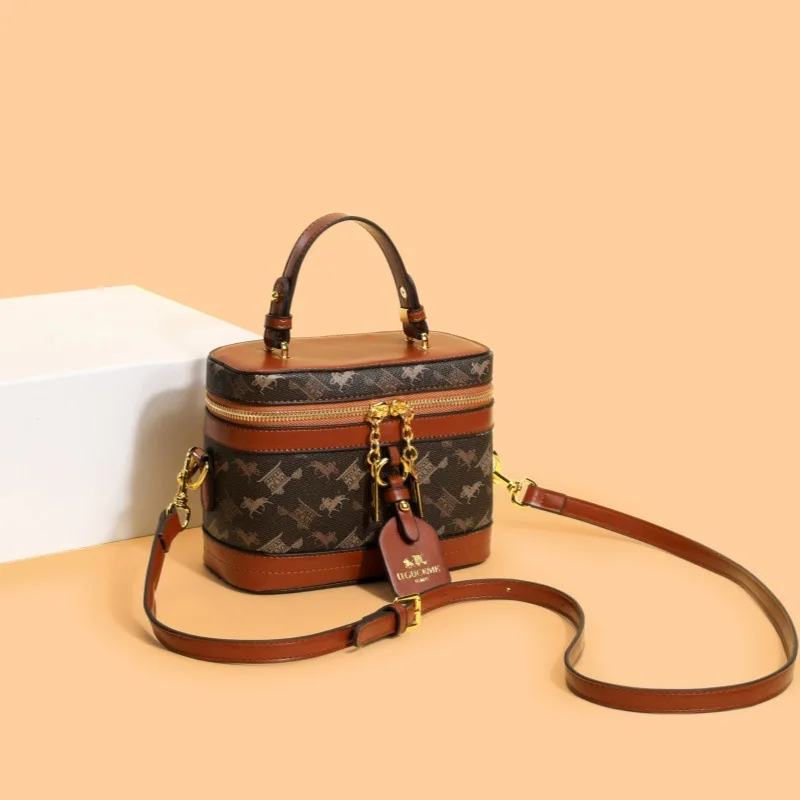 Retro Horse Carriage Pattern Box Bag for Women, Small Square Makeup Handbag, Convertible Crossbody Shoulder Purse