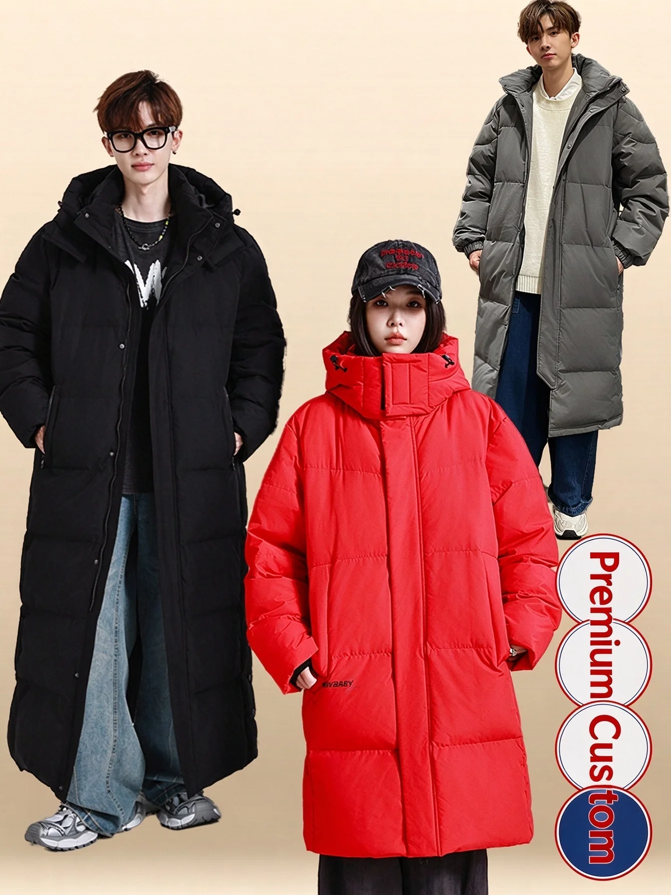 White goose down winter coat custom-made young men and women Long and extra-long workwear