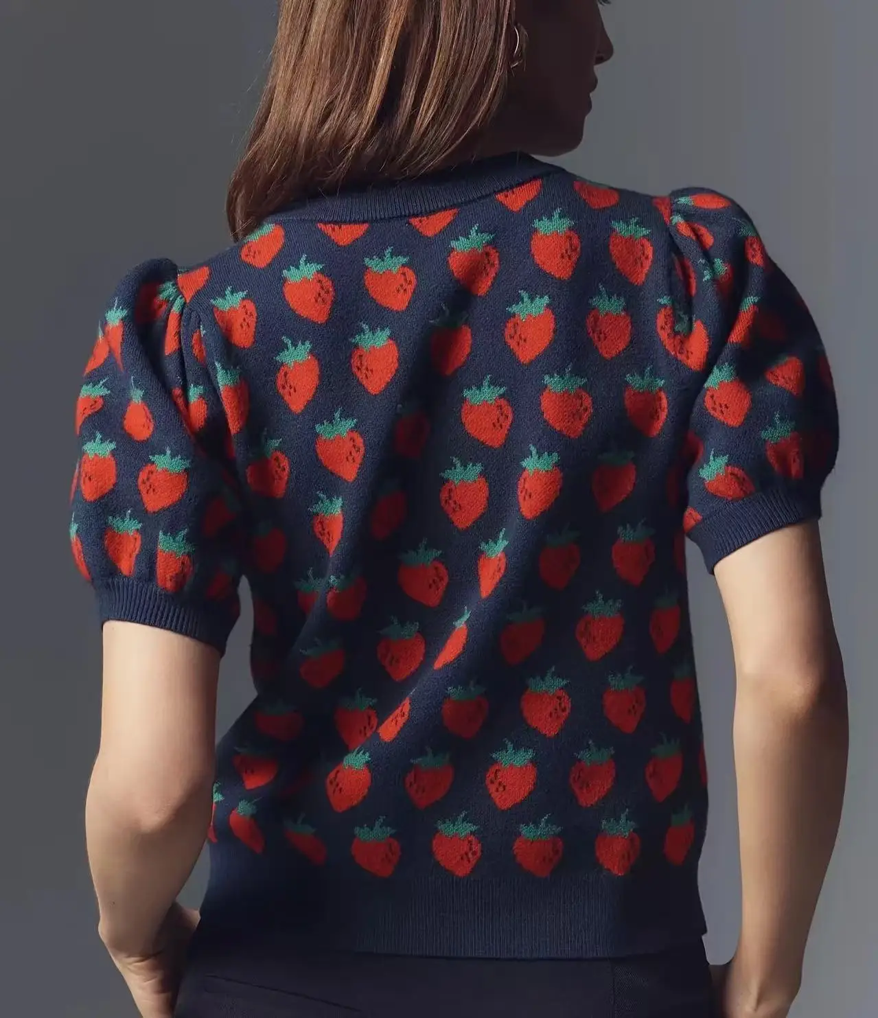 Spring and summer new strawberry jacquard cute design casual puffed-sleeve round-neck pullover knitted sweater for women