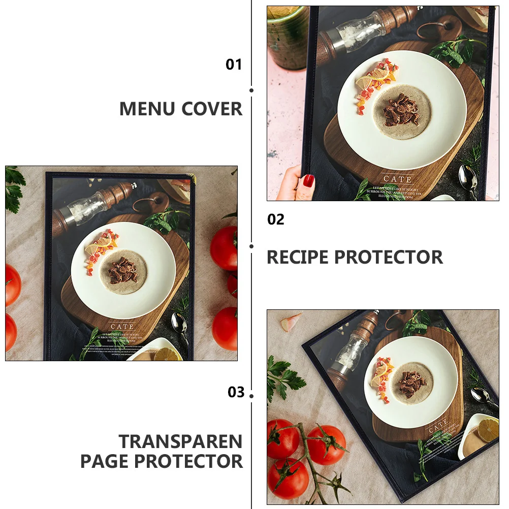 

3Pcs Clear Menu Holder Waterproof Recipe Protector for Bars Cafes Hotels A4 Size Multi-Sided Turning Pages Menu Holder
