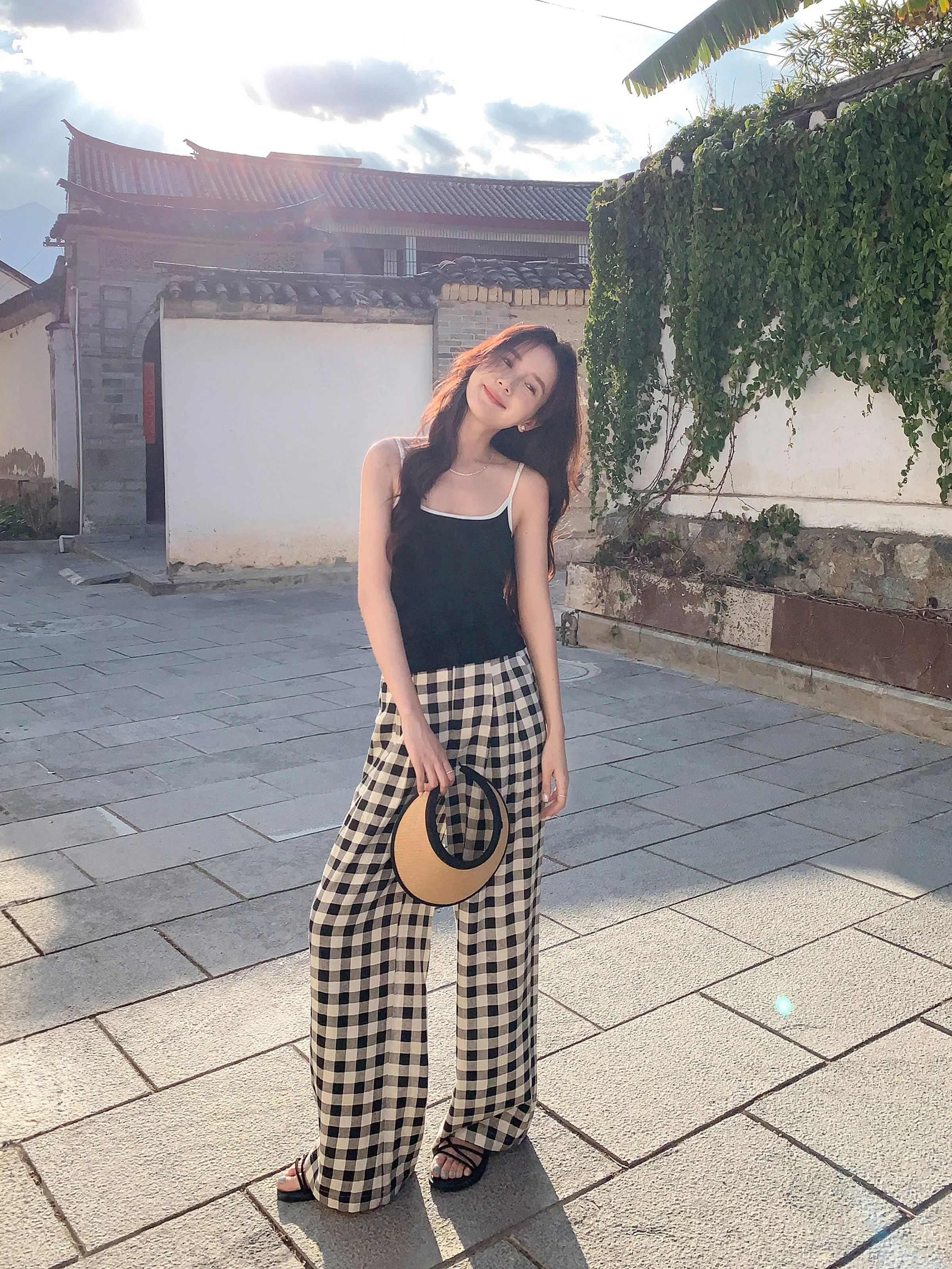 Black White Plaid Wide Leg Pants Women Summer High Waist Loose Fit Trousers Casual Vintage Checkered Straight Draped Bottoms