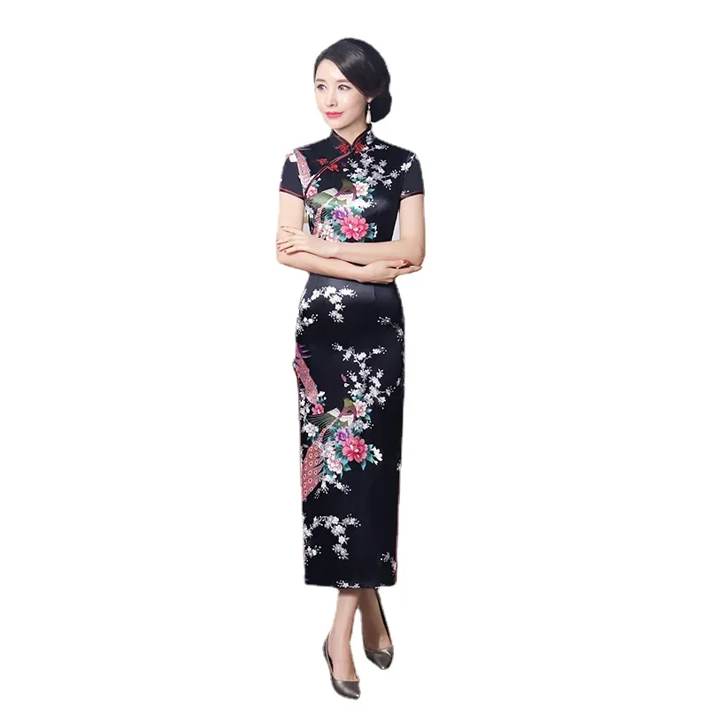 Chinese Traditional Cheongsam Dress Floral&Peacock Vintage Mandarin Collar Qipao Slim Long Cheongsam Oriental Party Costumes view 6