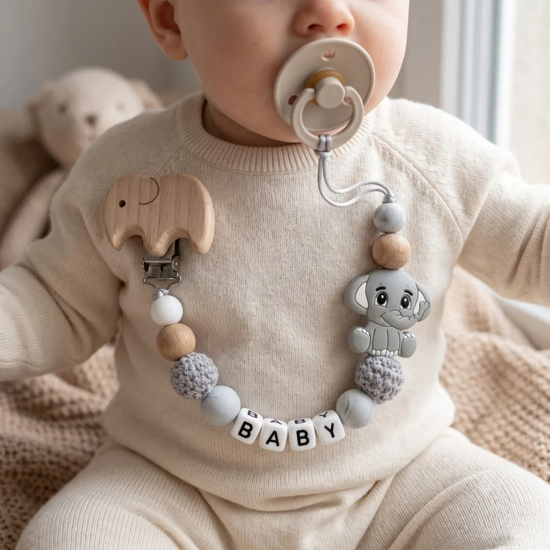 Personalized Pacifier Clip Custom Name Elephant Baby Teething Holder Food Grade Silicone Marble Beads BPA Free Dummy Chain Gift