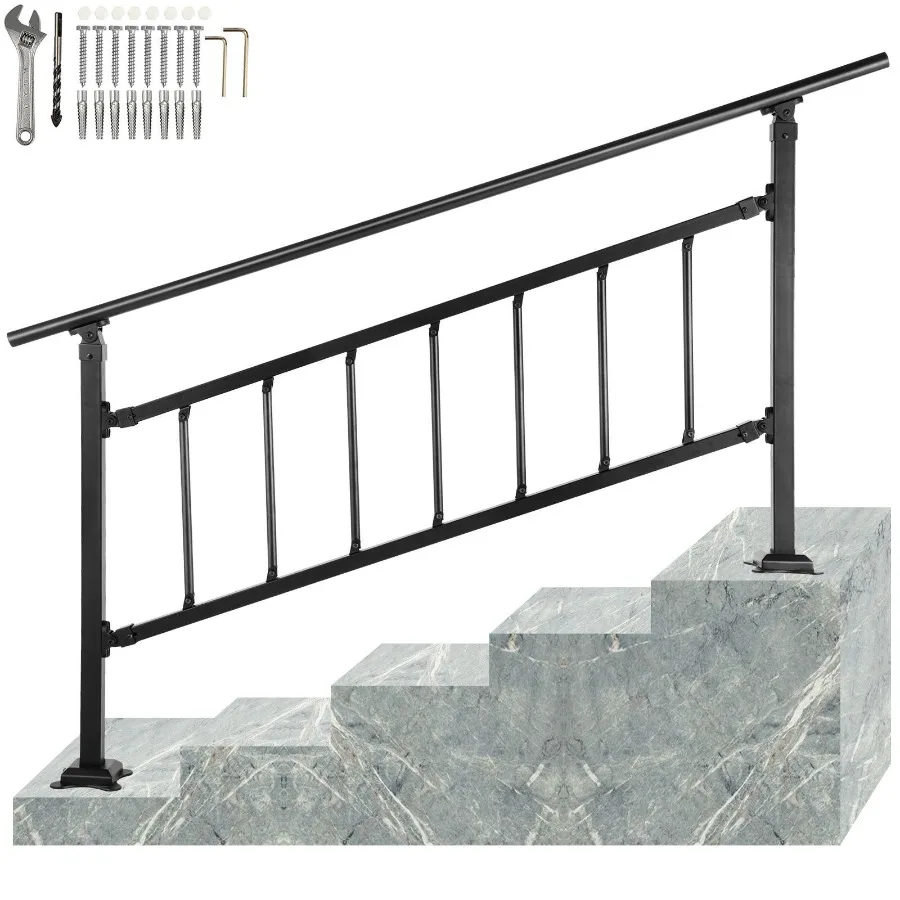 

Outdoor Stair Railing for 1-5 Steps Adjustable Wrought Iron Handrail with Fence Matte Black Exterior Stair Railing for Concrete