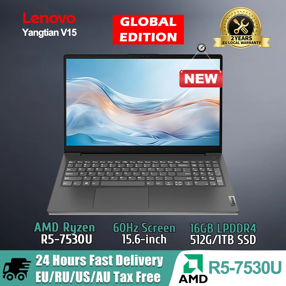 Lenovo Yangtian V15  Laptop AMD R5 7530U Integrated Graphics 16GB DDR4 512GB/1TB SSD 15.6-inch 60Hz Screen Notebook PC