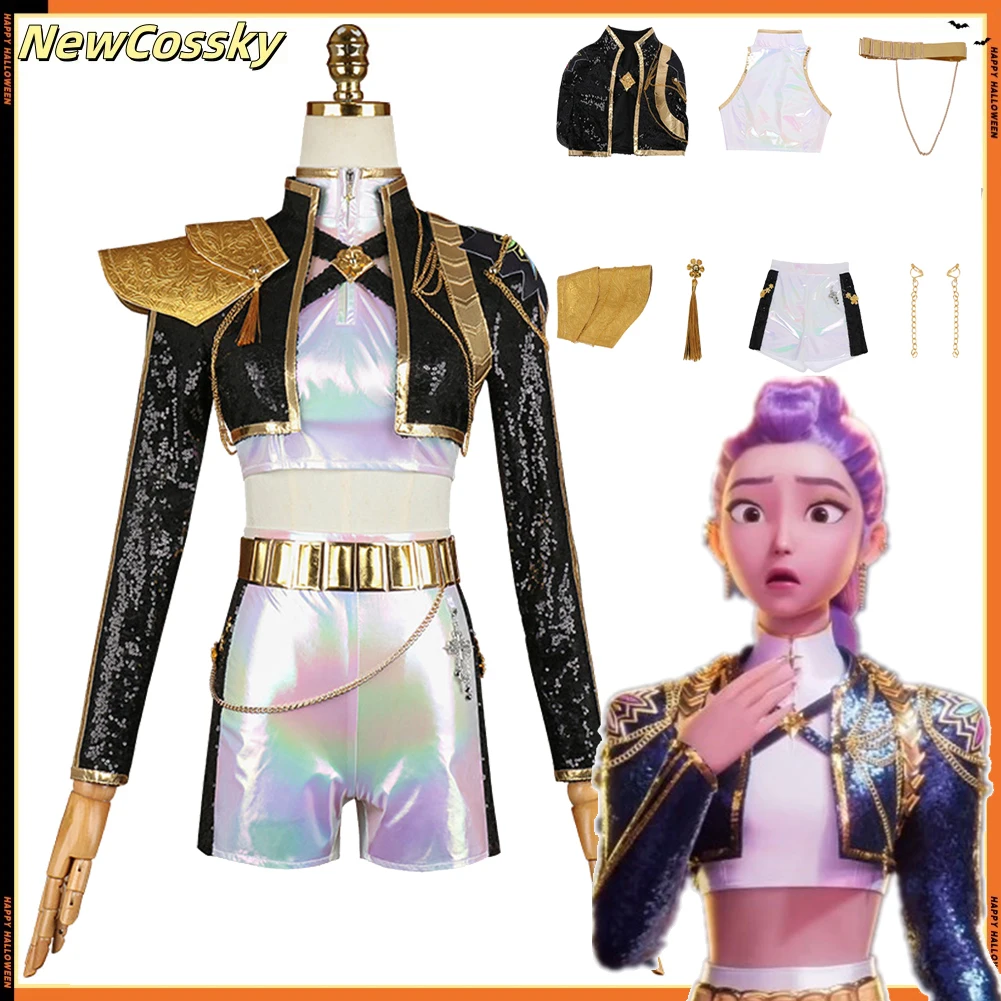 

Adult Women Rumi Cosplay Costume Kpop Demons Hunters Fantasia Coat Shorts Chain Belt Outfits Halloween Carnival Disguise