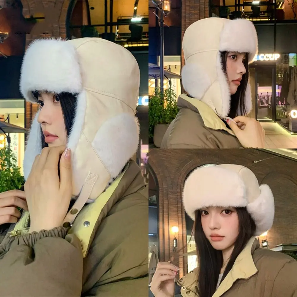Fashion Windproof Faux Fur Pilot Cap Thickened Fluffy Winter Earflap Hat Outdoor Warm Ski Pullover Cap Outdoor