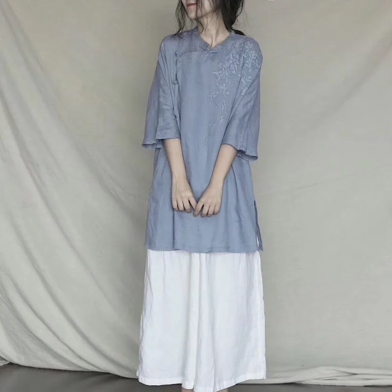 

Spring Summer China Traditional Fashion Women's Linen Button Up Shirt Loose Fit with Vintage Floral Embroidery Blouse Daily Wear