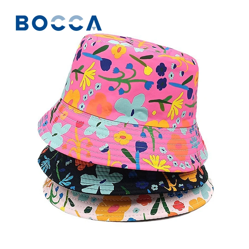 Bocca Flower Printing Children Bucket Hat Girls Kids Fisherman Hats Bohemian Style Panama Cap Double Sides Summer Outdoor Travel