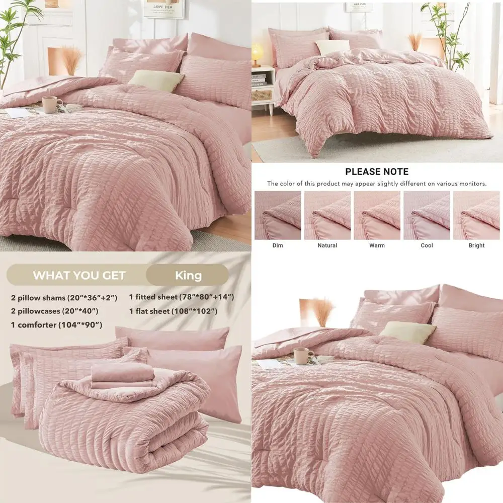 

7-Piece Rose Gold King Comforter Set: Seersucker Luxury Bedding with Sheets, Pillowcases & Shams for All Seasons