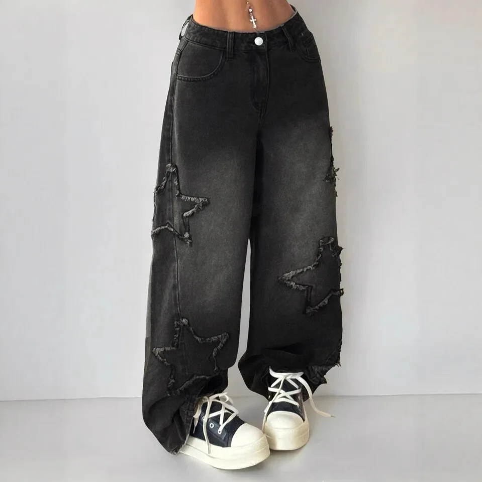 Women's Black Jeans Star Embroidery Elastic Waist Loose Fit Straight Y2K Streetwear Spring Autumn Casual Trousers