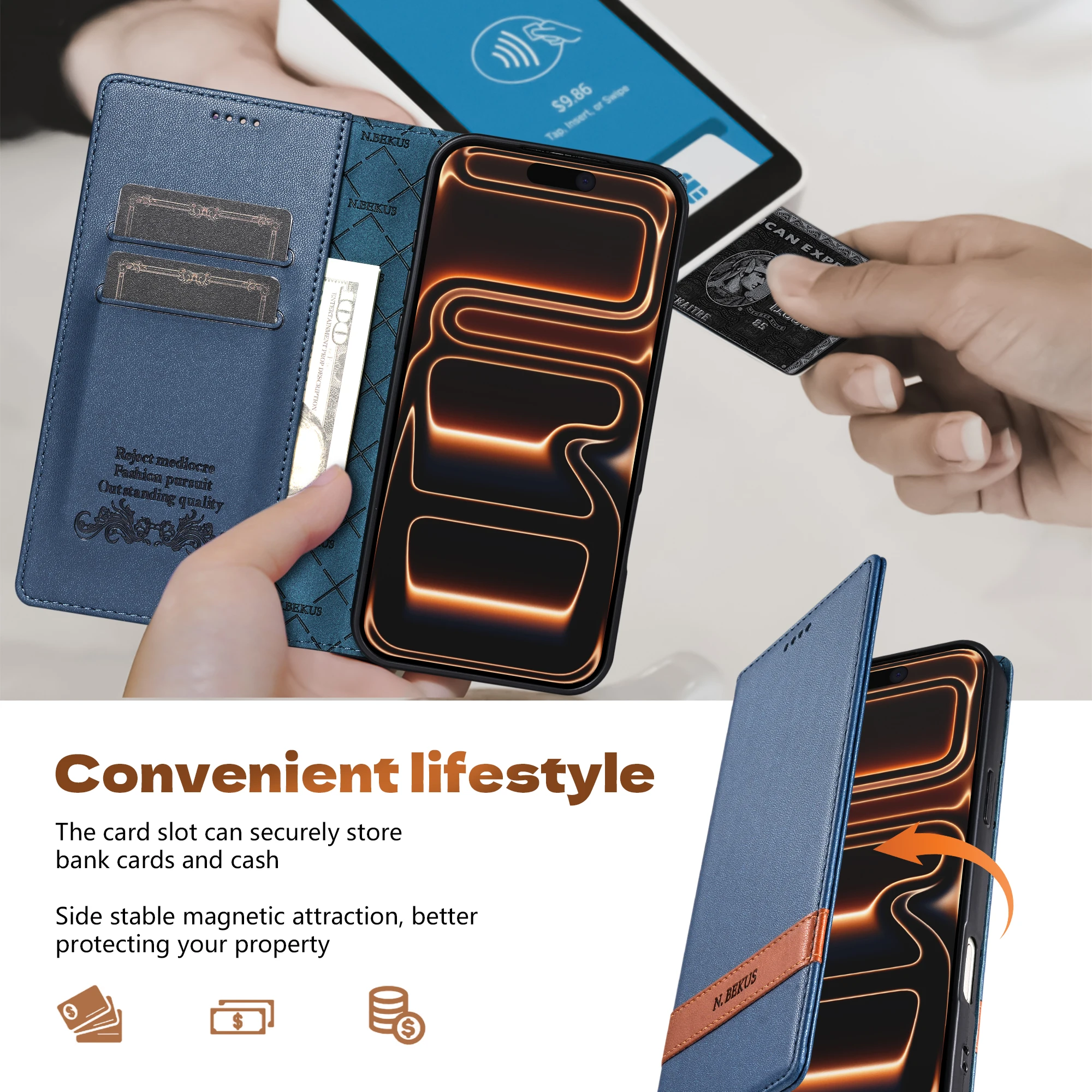 Luxury Splice Leather Wallet Cards Solt Case For IPhone 18 17 16 15 14 13 12 11 Pro Max Plus 17Air 17 16 E Flip Kickstand Cover view 5