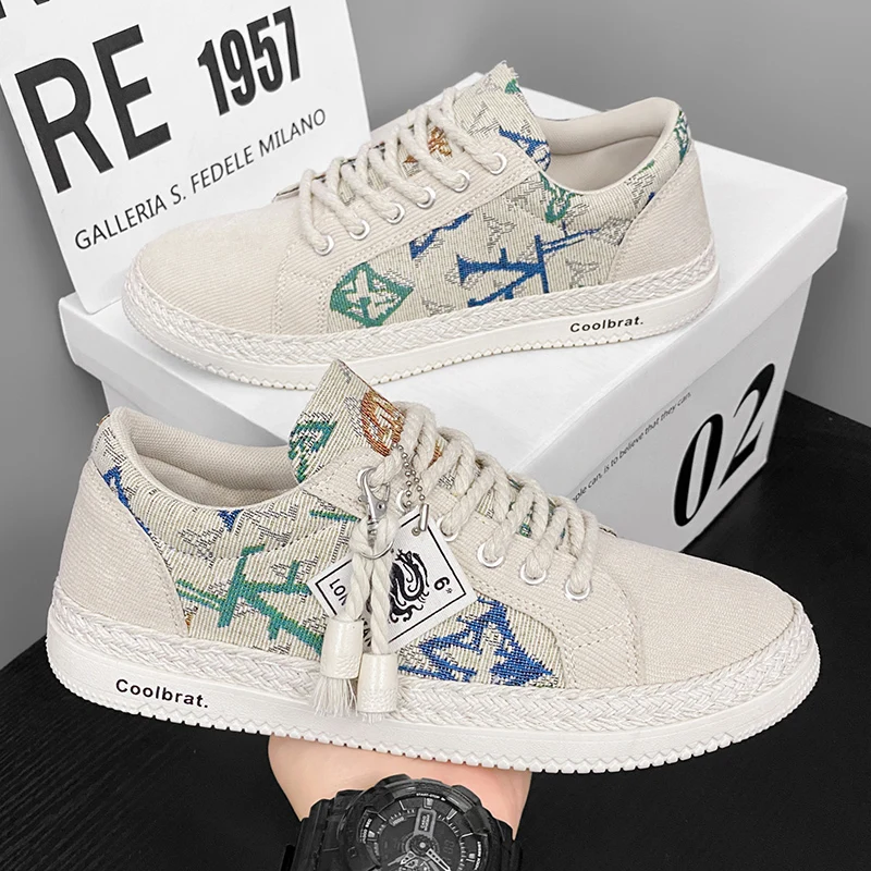 

Мужские холщовые кроссовки в корейском ретро стиле с фотографией искусства, мужские кроссовки для скейтборда на плоской подошве, дышащие мужские летние кроссовки