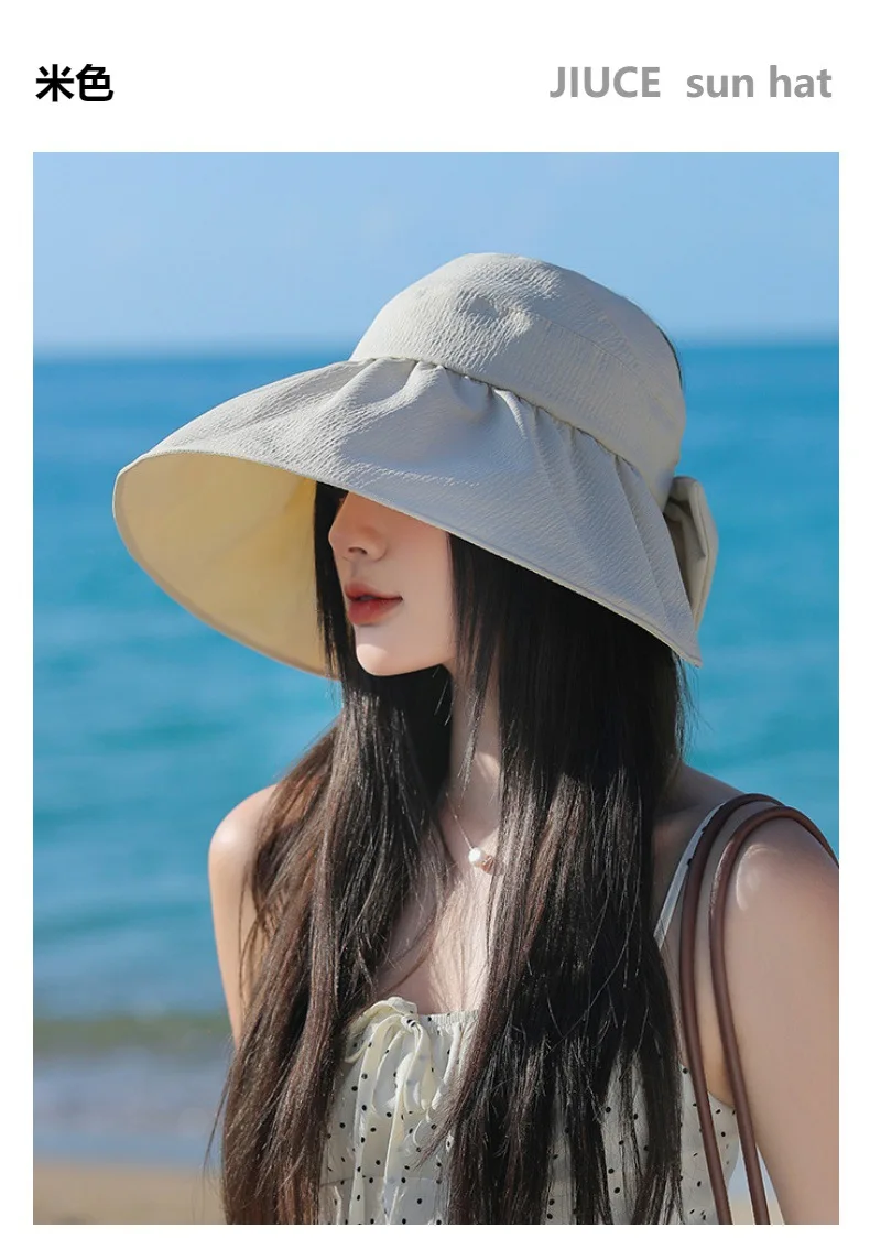 Hollow Top Hat Women Korean Solid  Large-Brimmed UV UPF50+ Black Rubber Sunscreen Hat Outdoor Outing Sunshade Hat Ponytail Hat