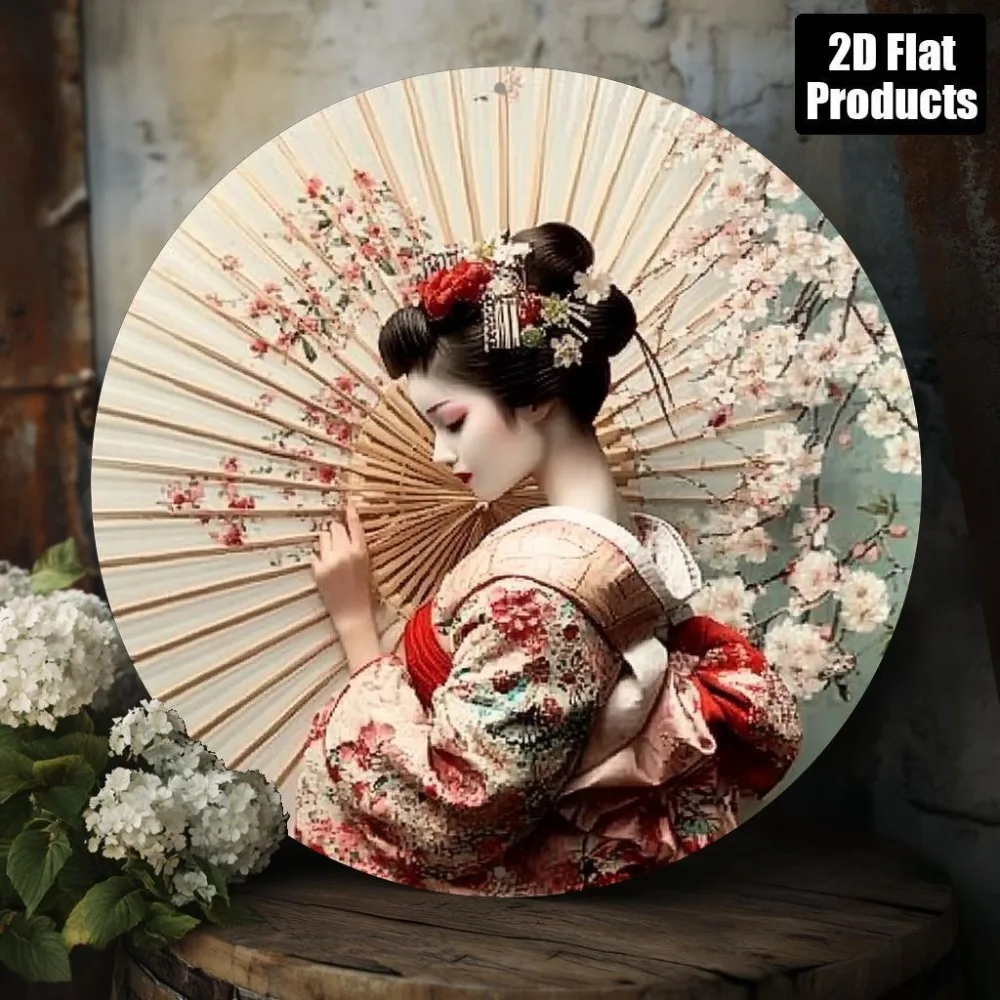 Japanisches Kimono-Mädchen mit Regenschirm, runde Aluminium-Wandkunst, 8x8 Zoll, 2D Retro-Heimdekoration für Wohnzimmer, Schlafzimmer, Büro, Kawaii
