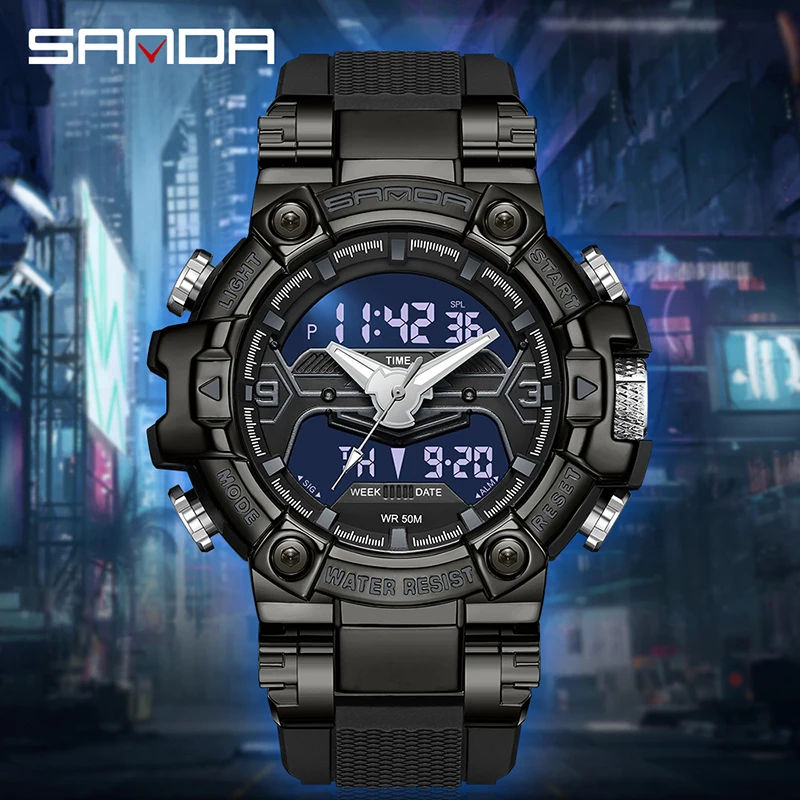 SANDA New Top Luxury Sports Watch Men High Quality Waterproof LED Digital Watch Dual Display  Electronics Quartz Men\'s Clock Hot