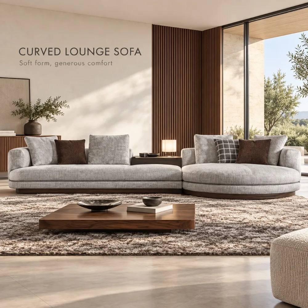 Modern Italian Curved Modular Sofa Set, 7‑Seater Fabric Lounge Couch with Round Chaise for Villa Apartment Living Room