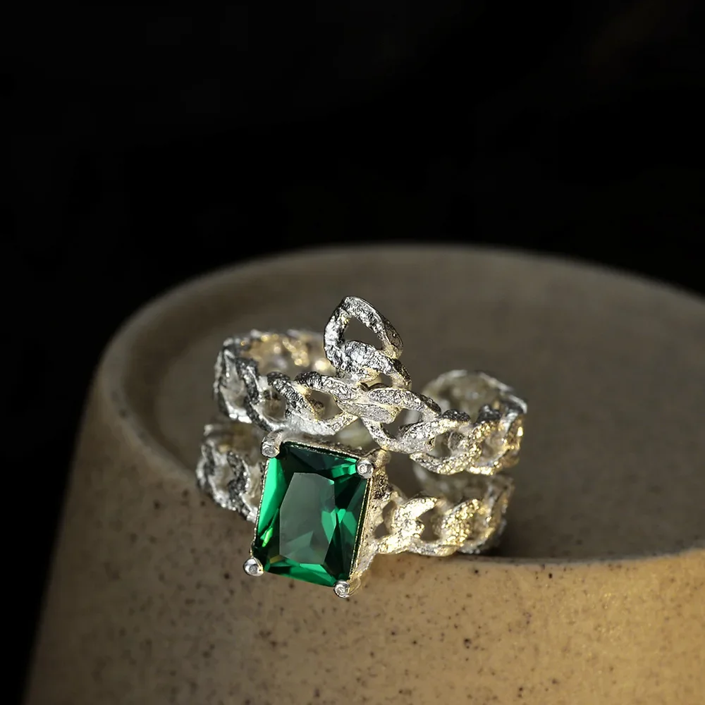 Ables Chic Emerald Zircon Irregular Solid 925 Sterling Silver Open Ring Wide Vintage Original Designer Rings R1165