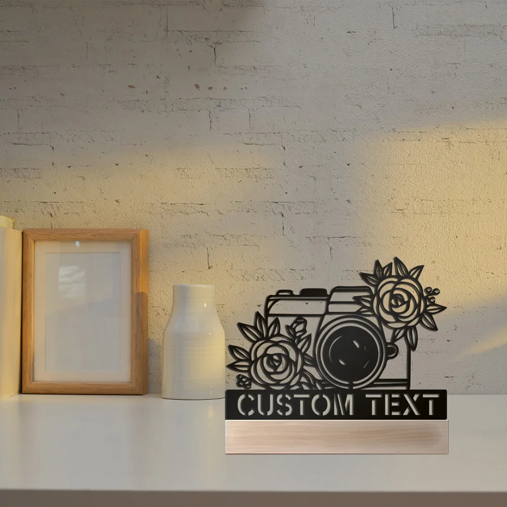 

1pc Minimalist flower with Camera Customized Name Metal Statue Metal Ornament With Wood Base Metal Sculpture Art Crafts With Woo