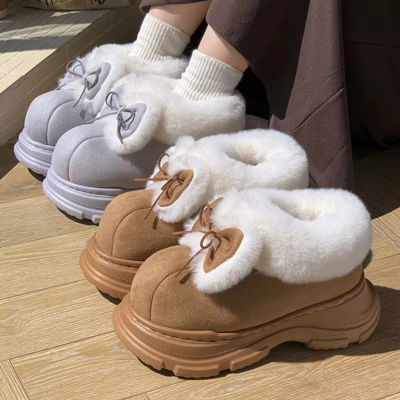 Kawaii Warm Faux Fur Fluffy Slippers for Women Winter Platform Shoes Soft Plush Thick Sole Bow Girls Indoor Street Snow Boots