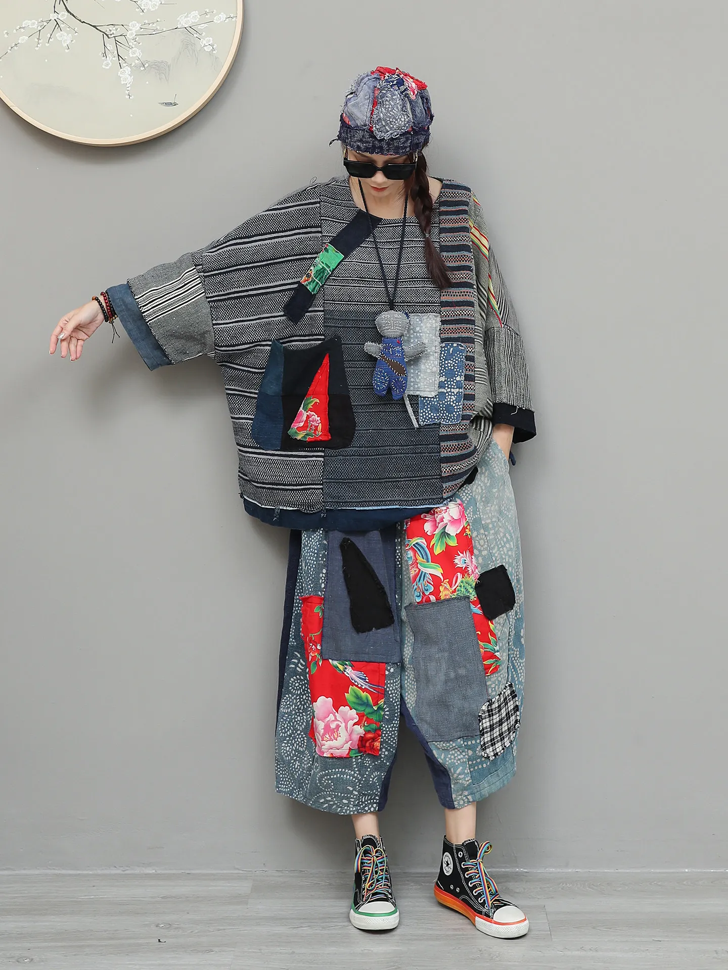 Retro Ethnic Style Patchwork Patch Long Sleeved Top Elastic Waist Straight Pants Two-piece Set Women's Spring Loose Casual Suit