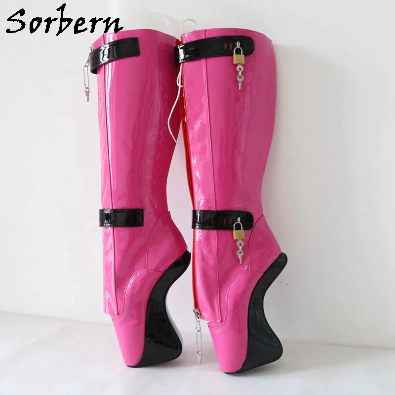 Sorbern Hot Pink Ballet Boots Unisex Knee High With 4 Locks Straps Fetish Hoof Shoes Lockable Zipper Bdsm Shoe Custom Wide Fit