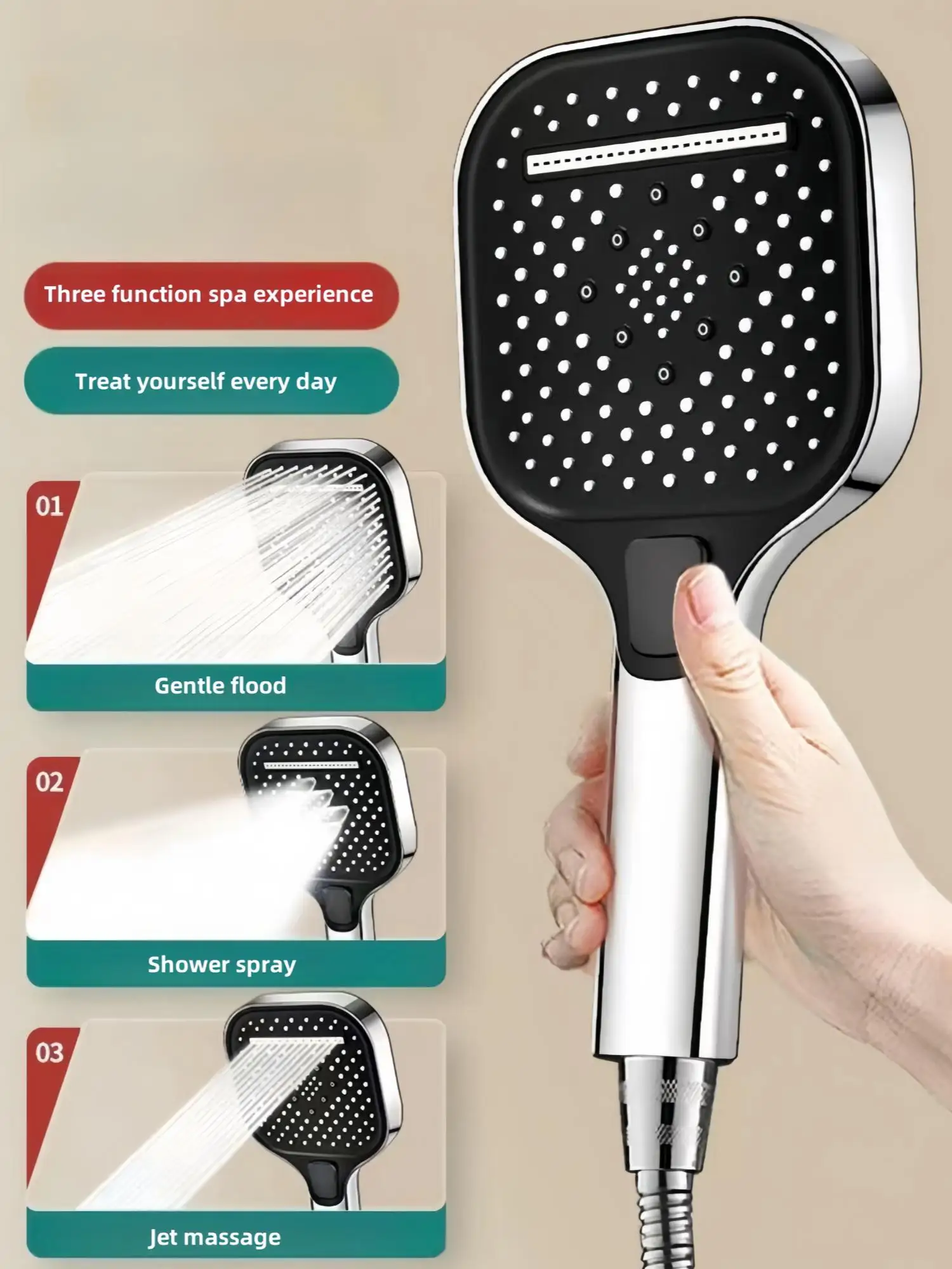 Three-Speed Square Pressurized Shower Head Handheld Large Panel Shower Head Bathroom Shower Nozzle