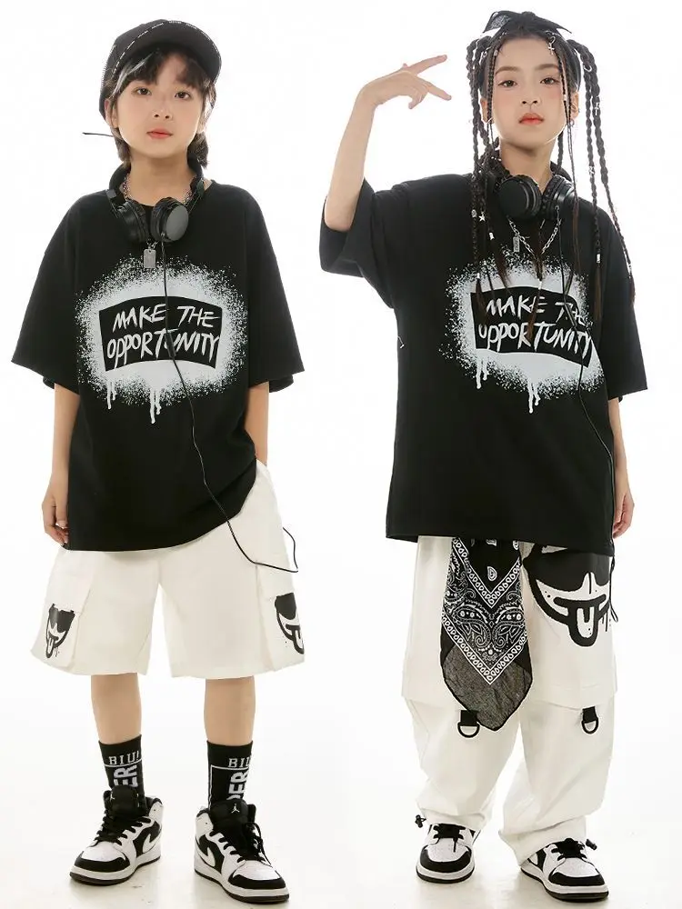 Belle robe de danse de rue pour enfants, tendance, noire, manches courtes, vêtements Hip Hop, marque tendance, robe de danse pour hommes et femmes