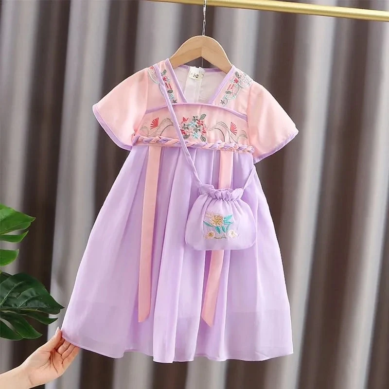 Hanfu-vestido de verano para niña, traje Tang de manga corta, ropa de estilo chino para bebé, vestido antiguo para niños