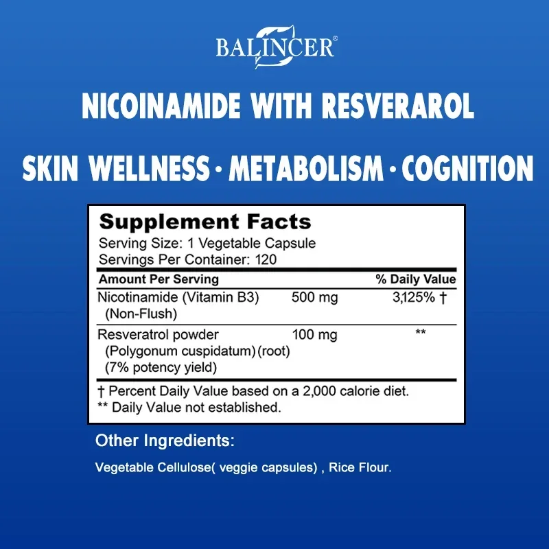 Niacinamida con Resveratrol-cápsulas de vitamina B3 120 Veggie, soporta NAD, salud y energía de las células de la piel, antienvejecimiento, reduce las arrugas