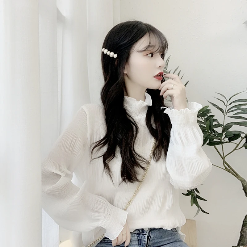 

Lace Base Shirt Women's Half High Collar Mesh Layering Top Fashionable Inner Wear White Gauze Sleeveless Loose Fit Long Sleeve