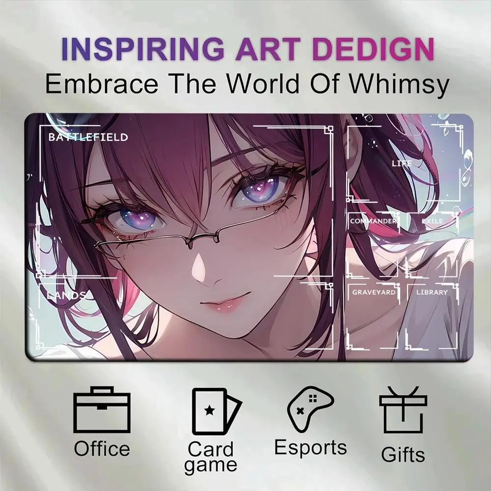 Unique Anime Girl Glasses Purple Hair Art TCG Playmat Complete Zone Layout, Large Non-Slip Rubber Aesthetic Trading Card