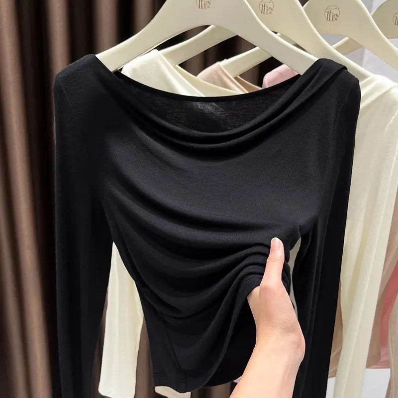 Early Autumn Women Elegant Off Shoulder Long Sleeve T-Shirt 2-Wear Asymmetric Neck Slim Fit Fashion Top Casual Streetwear Tee