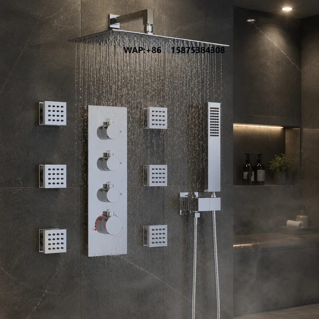 6 Functions Solid Brass Thermostatic Shower Mixer Pressure Balanced Multifunction Diverter Valve Trim Rain Spray Brushed Finish