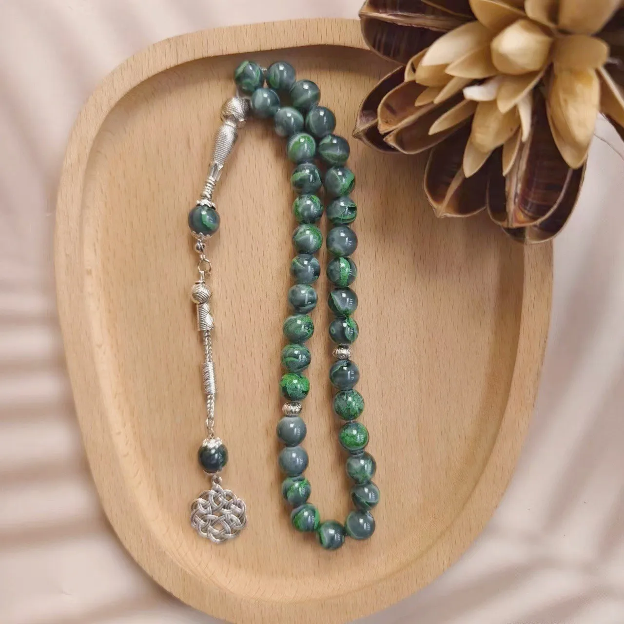 10mm33 single ear green glass pattern Muslim rosary beads Arab daily prayer TASBIH, fashion men's and women's prayer bracelets