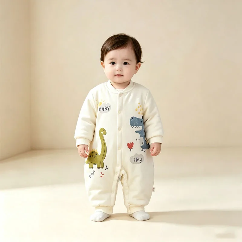 Xmas 2025 Winter 100% Cotton Thick Baby Jumpsuit Class A Skin Friendly 0-18M Side-release Button  Animal  Print  for Boys Girls